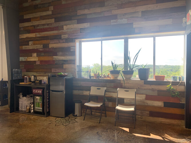 The sunlit waiting room at Precision Chiropractic ATX — warm wood wall, plants, and Hill Country light